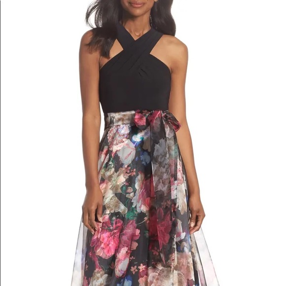 Eliza J Twist Halter Neck Floral Organza Ballgown